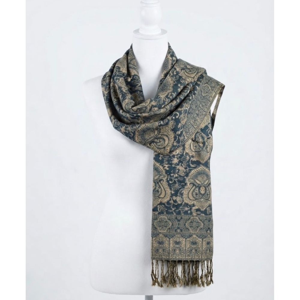 Pashmina Silk Blend Paisley Shawl Scarf Teal Gold Metallic Fringe Wrap